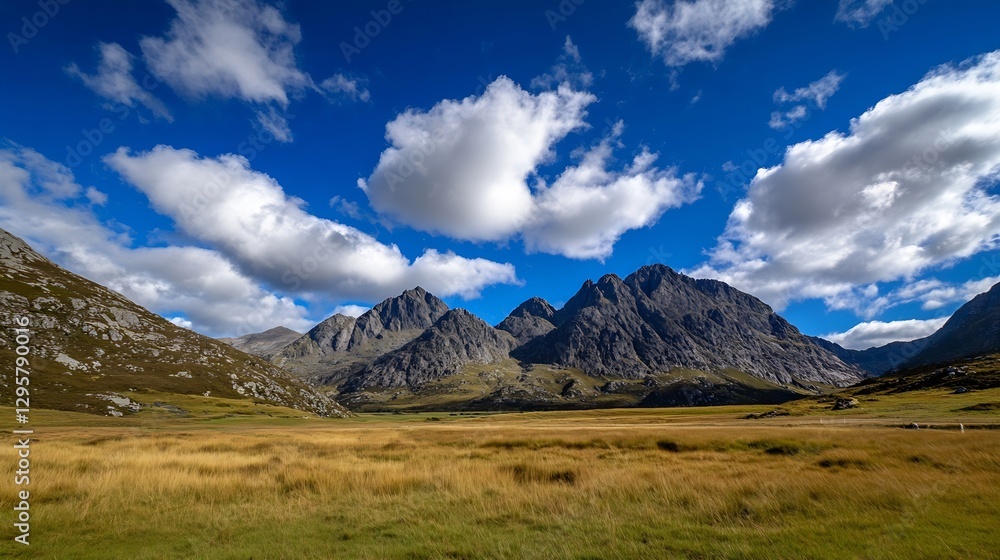 Breathtaking Mountain Landscape Under a Bright Blue Sky with Fluffy Clouds : Generative AI Breathtaking Mountain Landscape Under a Bright Blue Sky with Fluffy Clouds : Generative AI