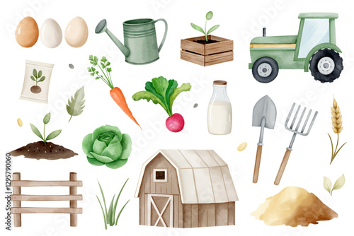 Watercolor agricultural set. Barn, tractor, fence, vegetables, milk, eggs. Illustration of gardening elements, hand drawn elements