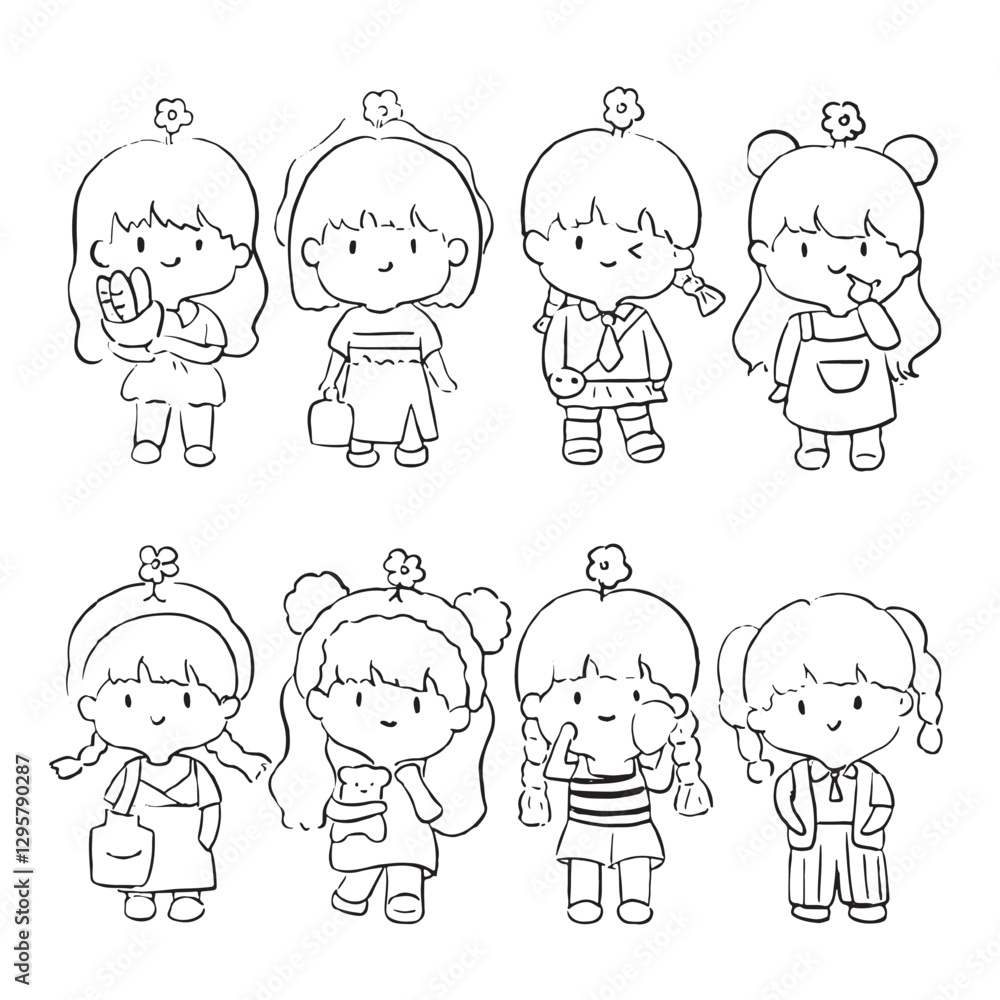 A black and white digital line drawing happy children in various playful poses, wearing casual clothing. The cute and cartoonish style makes it ideal for coloring activities. A black and white digital line drawing happy children in various playful poses, wearing casual clothing. The cute and cartoonish style makes it ideal for coloring activities.