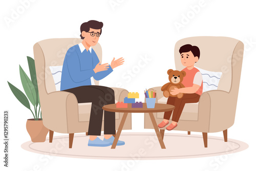 Child psychologist works with small  boy on the armchair. Psychological support. Doldrums concept. Vector flat  illustration