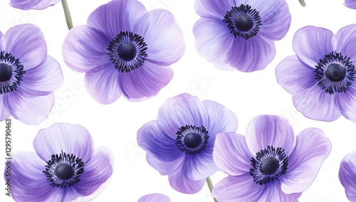 Floral pattern of light purple anemones on white background