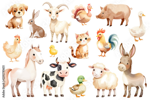 Watercolor farm animals. Cute hand drawn animals. Hen, dog, pig, horse, cat, cow, ship, goat, duck, goose.
