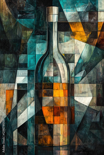 Abstract cubist or cubism style painting of a glass bottle, distorted reflections and fragmented transparency