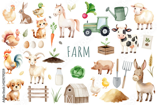 Watercolor farm animals and agricultural elements. Animals on the farm, barn, fence, vegetables, milk, eggs. Dog, pig, horse, cat, cow, ship.