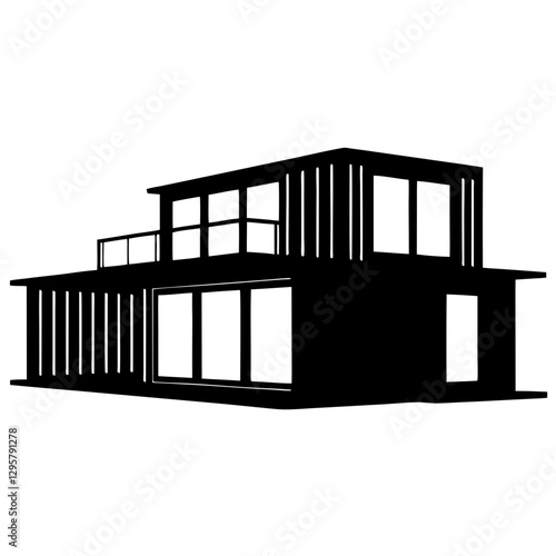 Modern Two-Story Building Silhouette – Black and White Architectural Vector Illustration

