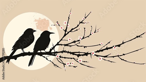 Two birds on a flowering branch against the background of the moon, vector logo
