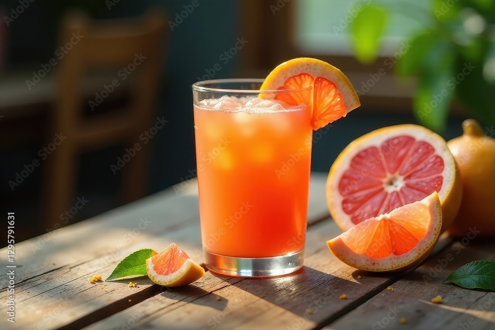 Fototapeta premium Refreshing Citrus Beverage with Ice Cubes in a Glass on Rustic Wooden Surface