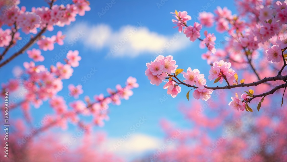 Pink cherry blossoms bloom vibrantly against a clear blue sky, announcing the arrival of spring. Pink cherry blossoms bloom vibrantly against a clear blue sky, announcing the arrival of spring.