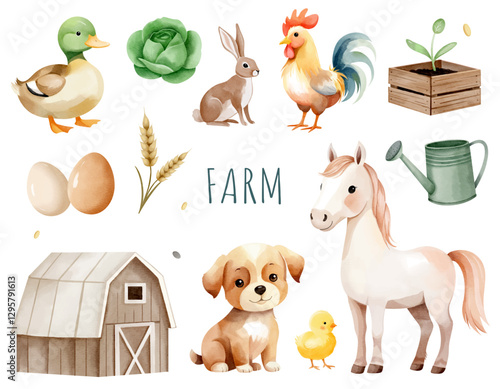 Watercolor set of farm elements. Animals on the farm. Barn, vegetables, eggs, puppy, rabbit, horse, duck, rooster.