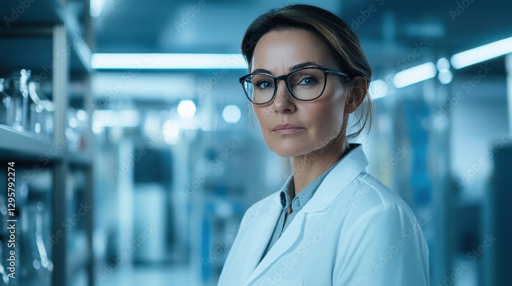 Confident Female Scientist in Laboratory Setting Analyzing Research Results with Shelves of Glassware and Modern Equipment in the Background Confident Female Scientist in Laboratory Setting Analyzing Research Results with Shelves of Glassware and Modern Equipment in the Background