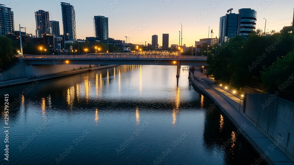 Obraz premium City skyline at sunset reflecting on river with illuminated bridge and modern buildings : Generative AI