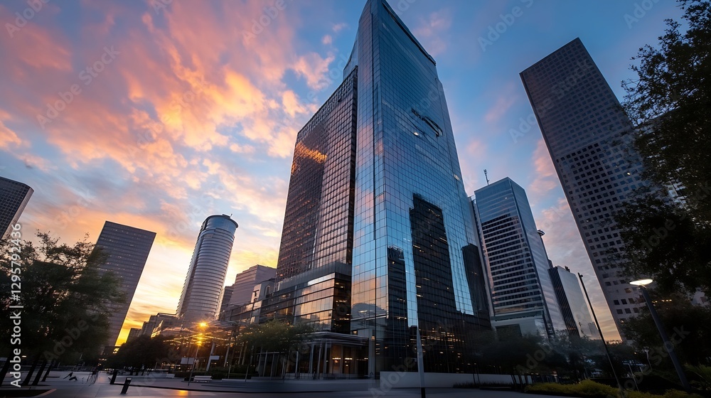 Obraz premium Tall Glass Buildings Reaching the Skies Under a Colorful Sunset : Generative AI