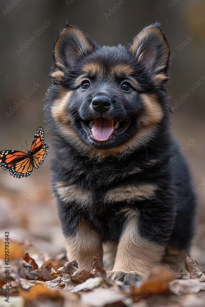 A puppy with a butterfly flying around it's mouth A puppy with a butterfly flying around it's mouth