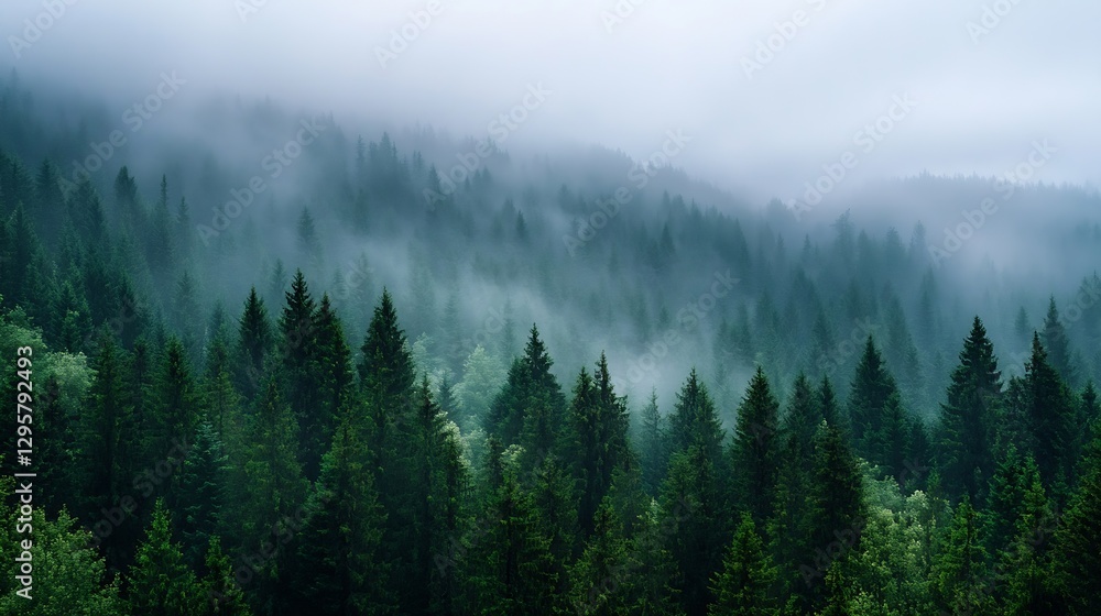 Misty Green Forest Landscape with Lush Trees and Enveloping Fog in Calm Setting : Generative AI Misty Green Forest Landscape with Lush Trees and Enveloping Fog in Calm Setting : Generative AI