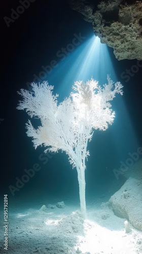 Enigmatic underwater coral illuminated sunlight