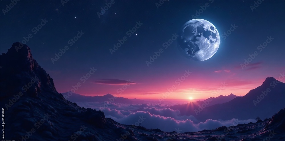Moon hanging over silhouette of alien planet with shooting stars streaking by, alien world, celestial, fantasy Moon hanging over silhouette of alien planet with shooting stars streaking by, alien world, celestial, fantasy