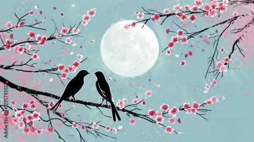 Two birds on a flowering branch against the background of the moon, vector logo