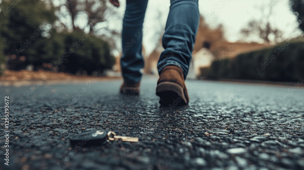A man walks away from his lost car keys on the asphalt, symbolizing forgetfulness and loss. A man walks away from his lost car keys on the asphalt, symbolizing forgetfulness and loss.