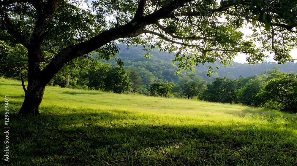 Beautiful Lush Green Meadow Under a Canopy of Trees in Nature : Generative AI Beautiful Lush Green Meadow Under a Canopy of Trees in Nature : Generative AI