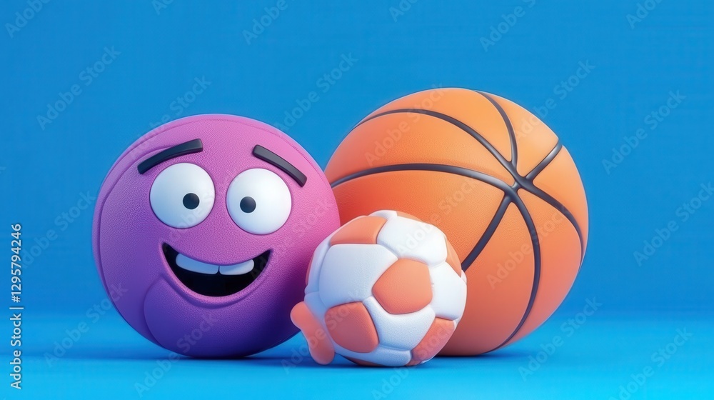 Three cartoon sports balls showing expressions on a blue background Three cartoon sports balls showing expressions on a blue background