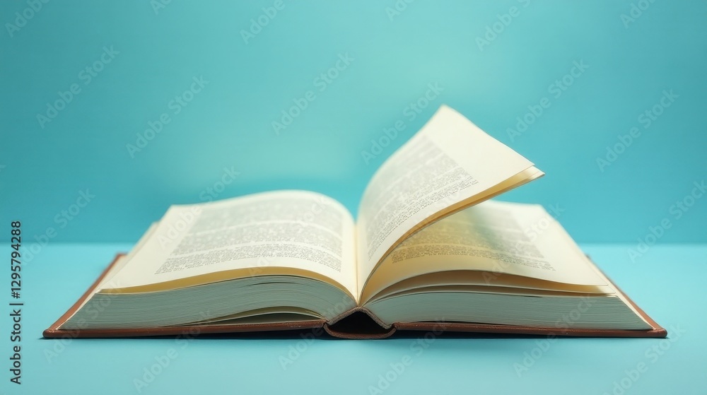 Open Book Resting on a Light Blue Surface, Pages Turned, Ready for Reading and Learning Open Book Resting on a Light Blue Surface, Pages Turned, Ready for Reading and Learning