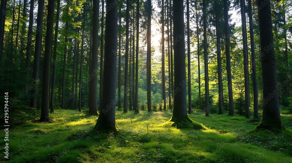 Obraz premium Sunlight Filtering Through Tall Trees in a Lush Green Forest Creating a Serene Atmosphere : Generative AI