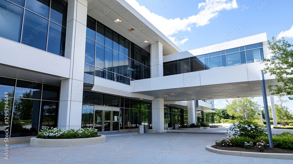 Modern Business Building with Large Windows and Green Landscaping Under Clear Blue Sky : Generative AI Modern Business Building with Large Windows and Green Landscaping Under Clear Blue Sky : Generative AI