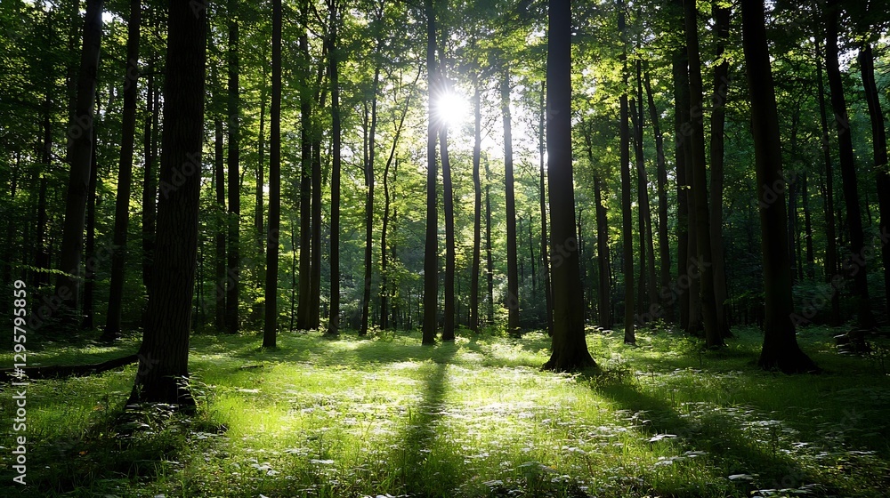 Obraz premium Sunlight Streaming Through Tall Trees in a Lush Green Forest Creating Beautiful Shadows on the Ground : Generative AI