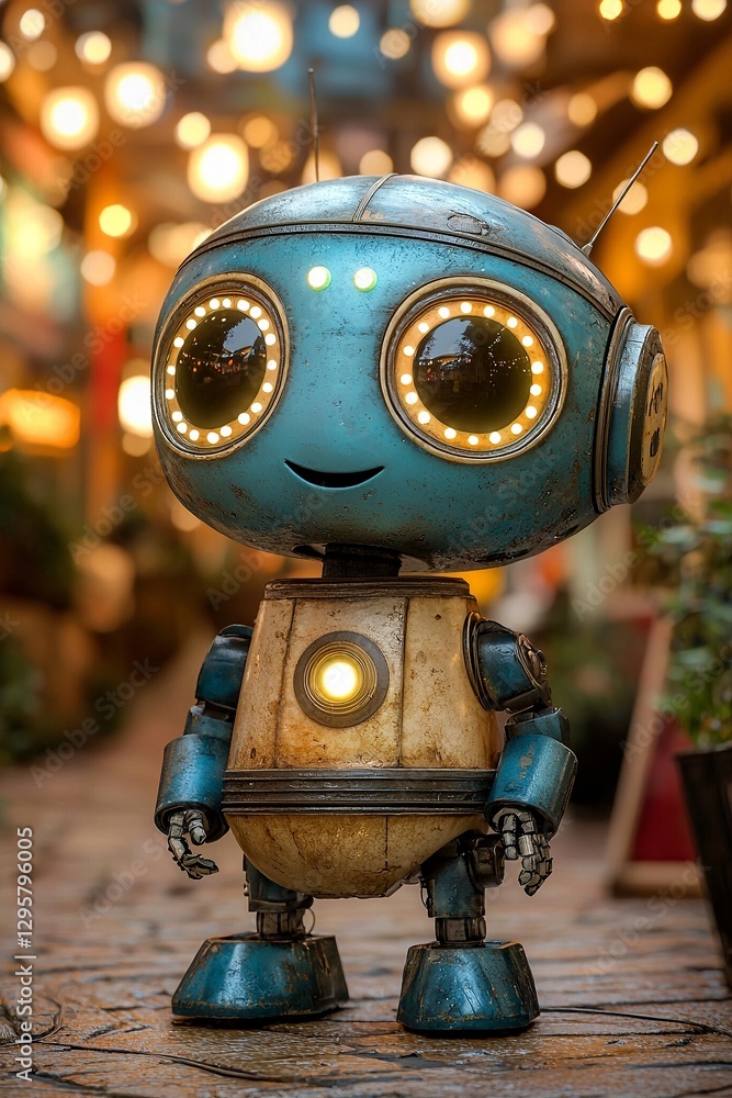 Fototapeta premium A blue and brown robot standing on a brick walkway
