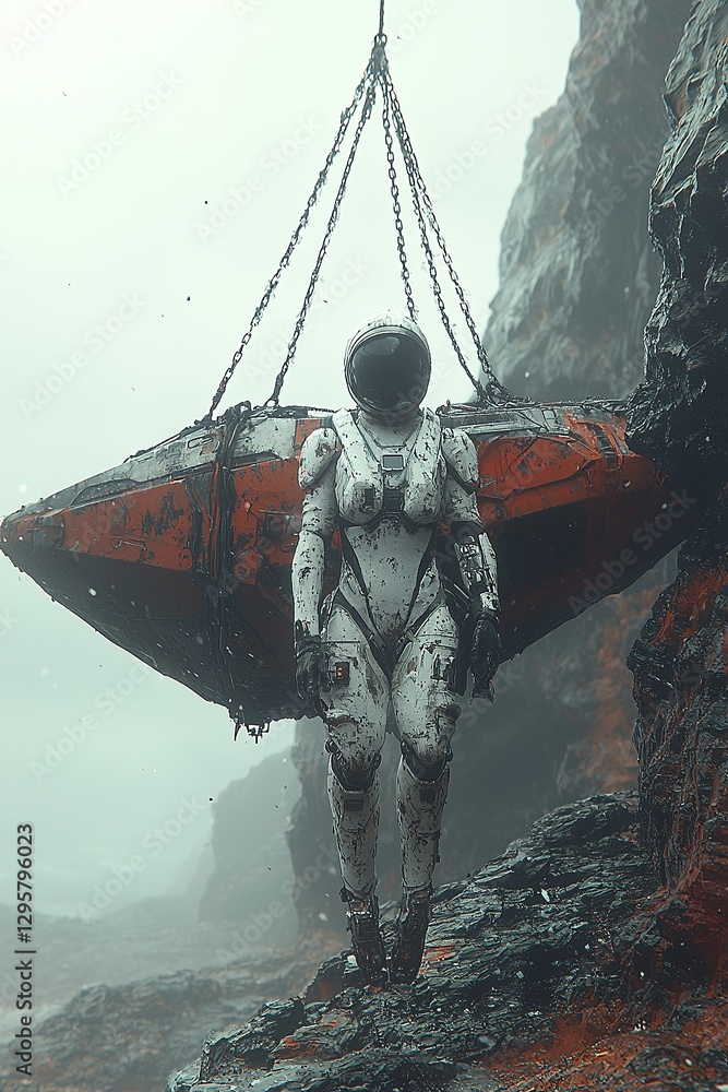 Naklejka premium A man in a space suit carrying a large object on a chain