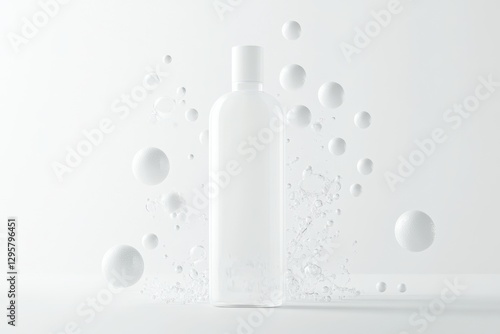 White bottle with abstract floating spheres, minimalist design concept
