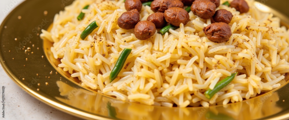 Delicious basmati rice dish with grilled chickpeas and green beans on golden plate with copy space Delicious basmati rice dish with grilled chickpeas and green beans on golden plate with copy space