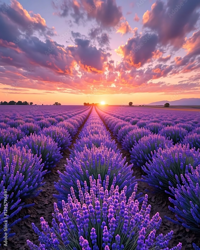 Obraz premium Sunset Lavender Field: Rows of Purple Flowers at Golden Hour