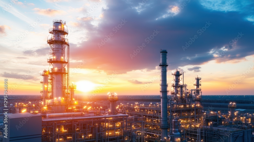 Fototapeta premium Large oil refinery with numerous storage tanks and industrial structures against a clear sky