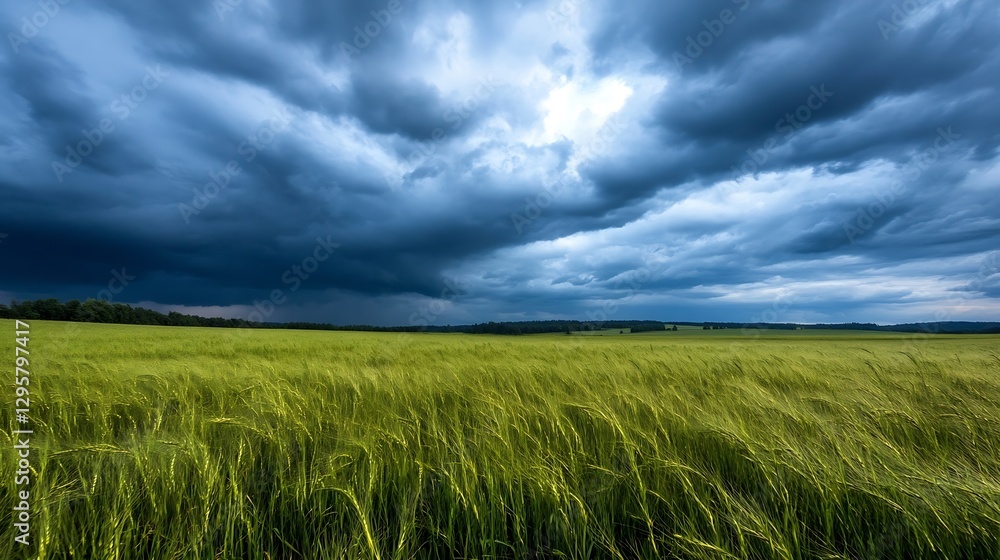 Dramatic Stormy Skies Over Green Wheat Field Under Rolling Clouds : Generative AI Dramatic Stormy Skies Over Green Wheat Field Under Rolling Clouds : Generative AI