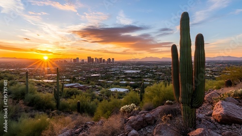 Beautiful sunset over Phoenix skyline with Saguaro cactus in foreground showcasing vibrant desert landscape : Generative AI