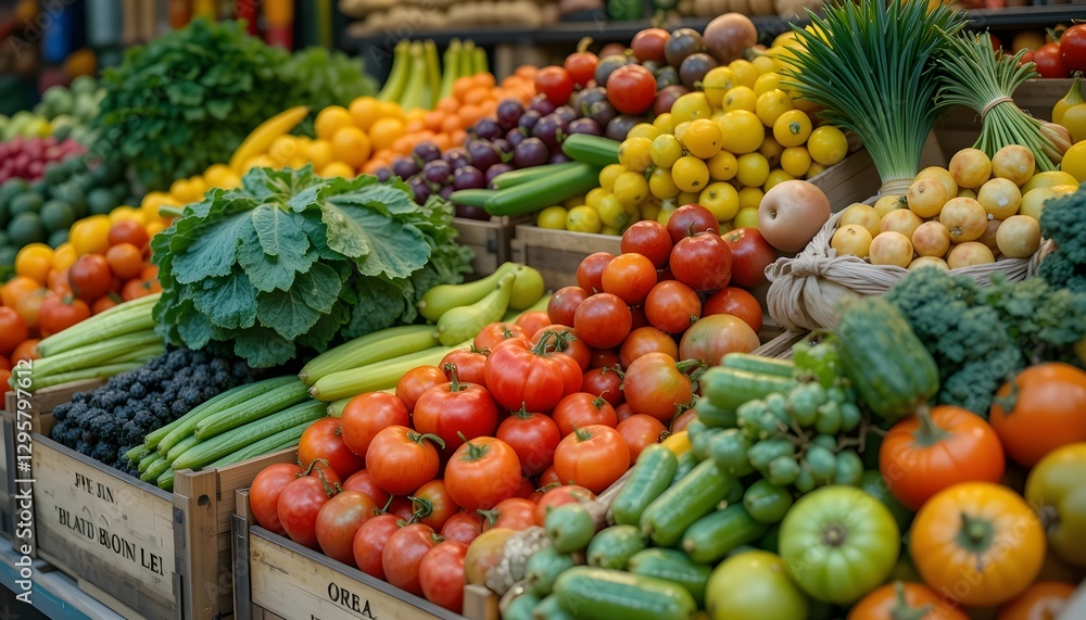 Fresh Organic Vegetables And Fruits Displayed at a Vibrant Farmers Market Stall Fresh Organic Vegetables And Fruits Displayed at a Vibrant Farmers Market Stall