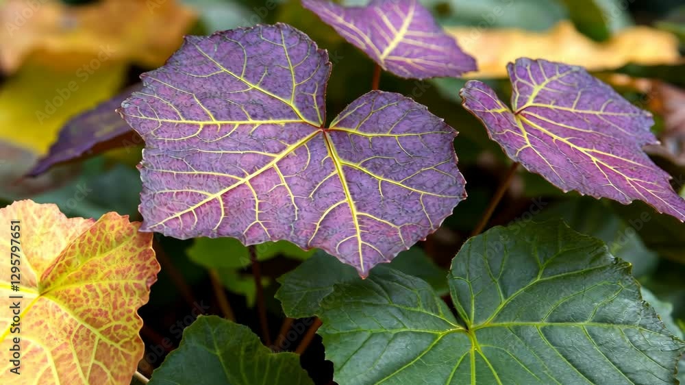 Colorful leaves showcasing unique textures and patterns at a garden during autumn season in vibrant shades of purple and green Colorful leaves showcasing unique textures and patterns at a garden during autumn season in vibrant shades of purple and green