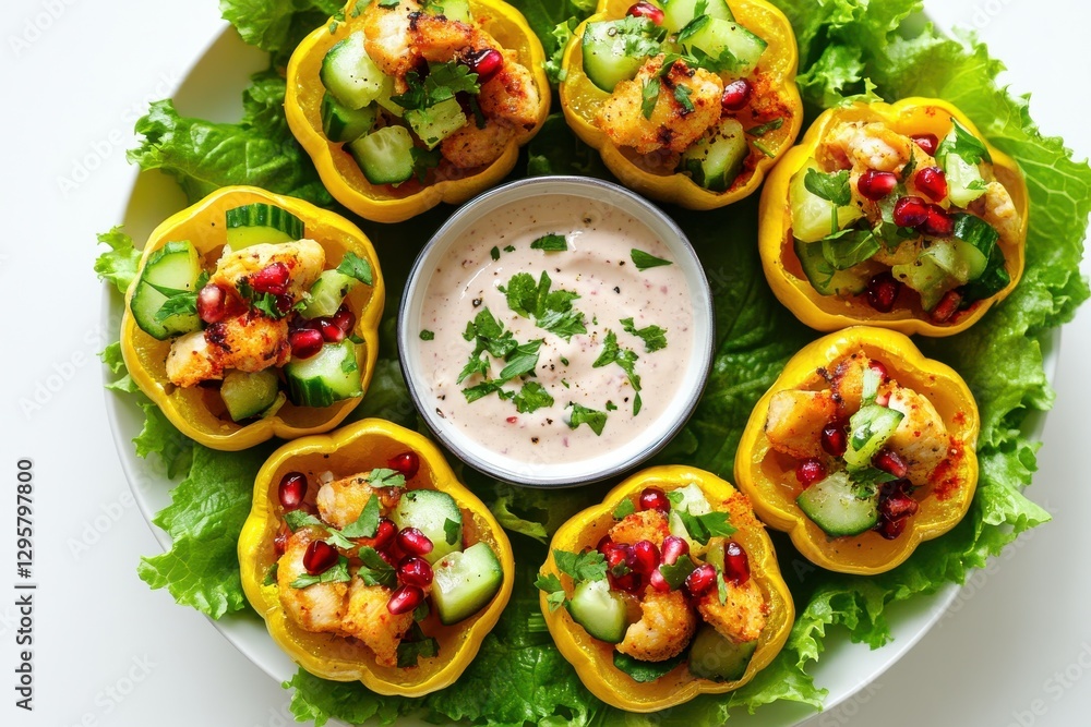 A top-down view of elegant stuffed squash appetizers filled with diced cucumber, chicken, and pomegranate seeds, served on a bed of fresh green lettuce leaves A top-down view of elegant stuffed squash appetizers filled with diced cucumber, chicken, and pomegranate seeds, served on a bed of fresh green lettuce leaves