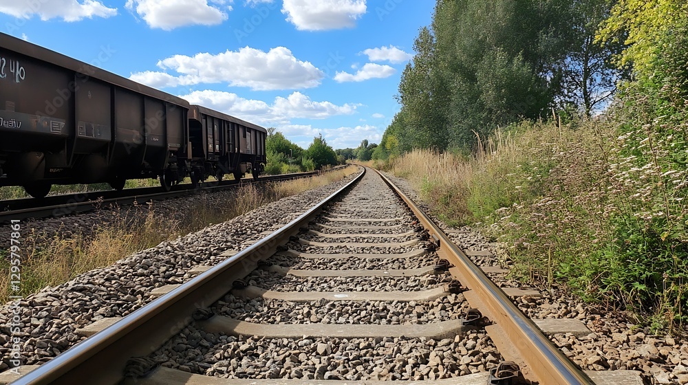 Train Tracks Stretching into a Distance Surrounded by Lush Greenery in Bright Blue Sky : Generative AI Train Tracks Stretching into a Distance Surrounded by Lush Greenery in Bright Blue Sky : Generative AI