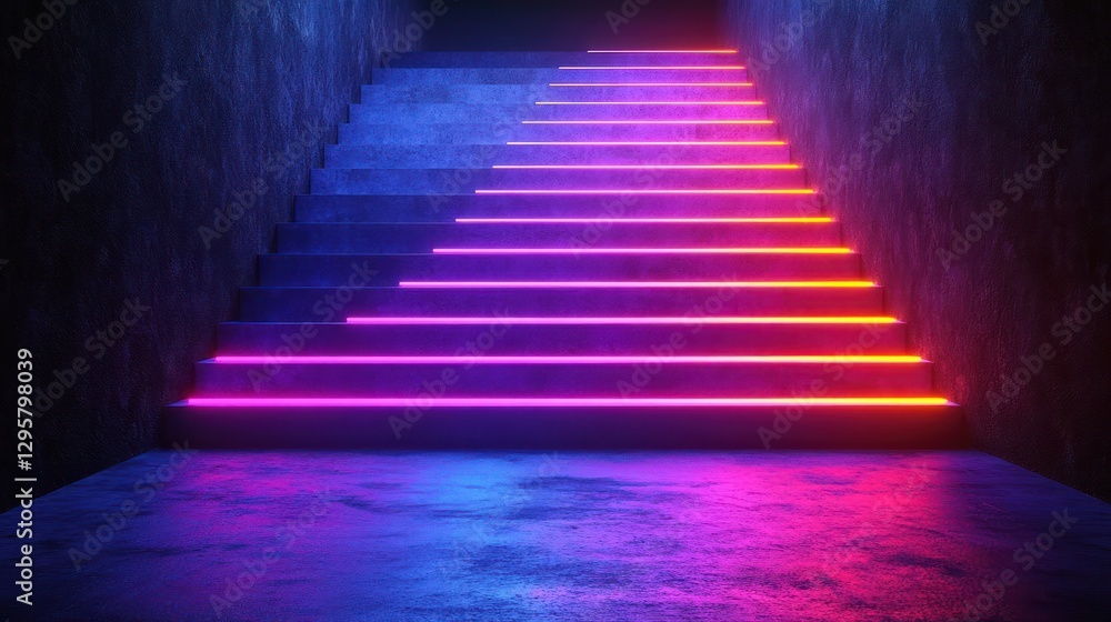 Neon Steps in Dark Concrete Corridor Neon Steps in Dark Concrete Corridor