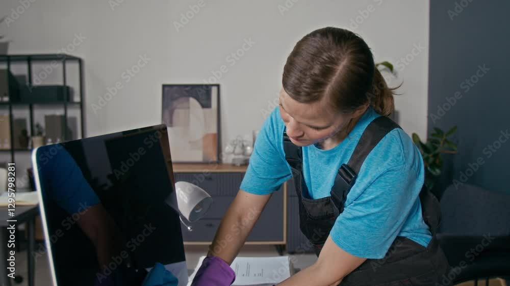 Handheld shot of female Caucasian specialist in workwear wiping computer screen with rag during office cleanup