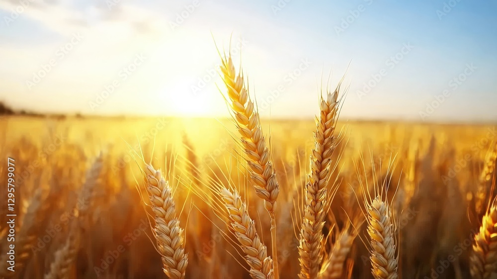 Golden wheat field swaying under the warm glow of the setting sun, endless horizon stretching into the distance Golden wheat field swaying under the warm glow of the setting sun, endless horizon stretching into the distance