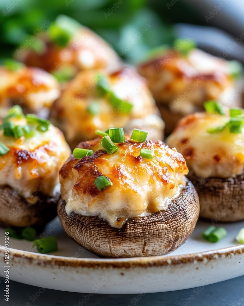 Baked mushrooms filled with cheesy stuffing and green onions Baked mushrooms filled with cheesy stuffing and green onions