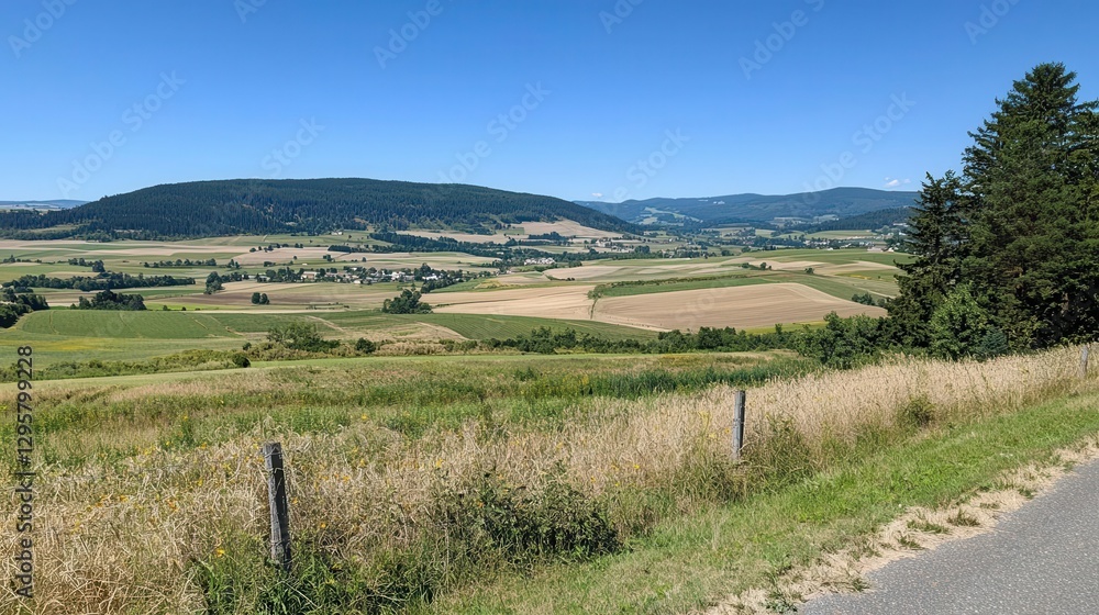 Naklejka premium Serene Rural Landscape Rolling Hills Fields and Blue Sky