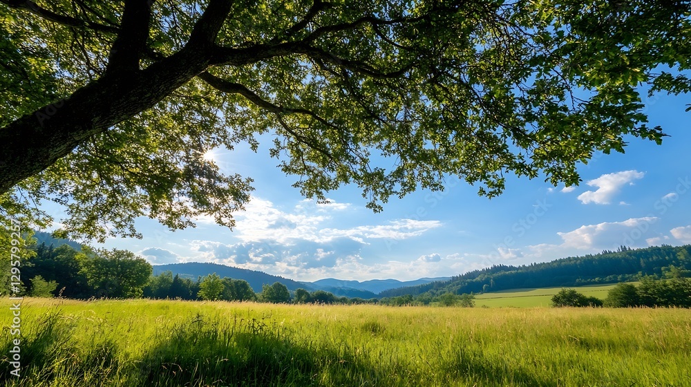 Fototapeta premium Stunning view of vast green meadow with trees and mountains under bright blue sky : Generative AI