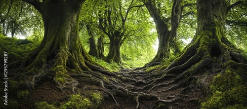 Fototapeta Naklejka Na Ścianę i Meble -  Lush forest path with interwoven roots