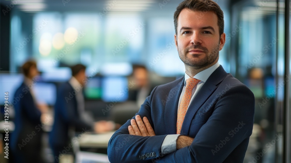 Confident businessman posing in modern office environment with blurred colleagues working in background, showcasing professional success and teamwork Confident businessman posing in modern office environment with blurred colleagues working in background, showcasing professional success and teamwork