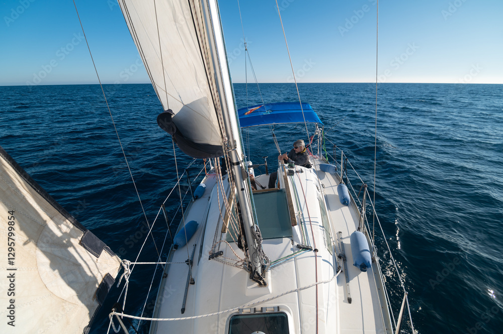 Senior man sailing on sailboat in calm sea on sunny day Senior man sailing on sailboat in calm sea on sunny day