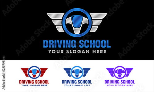 driving school logo vector illustration template with steering and road icon flat design